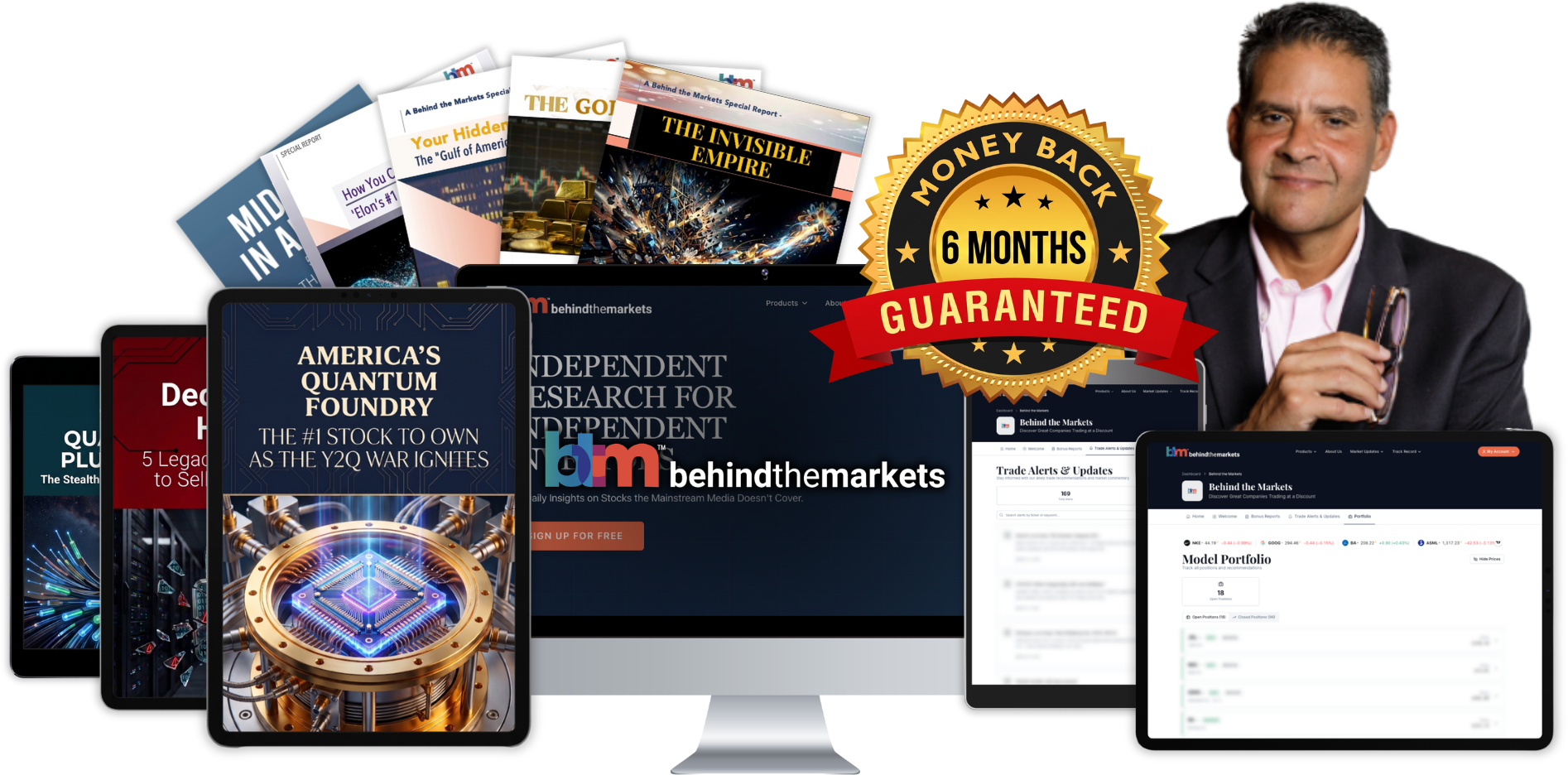 Behind the Markets product bundle including reports, website access, and guarantee