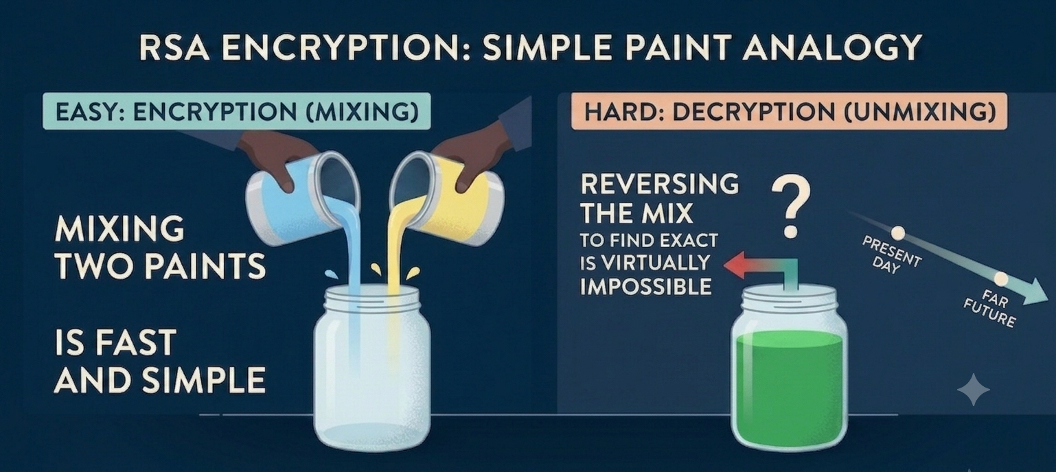 RSA encryption paint analogy: mixing two paints is easy, but reversing the mix is virtually impossible