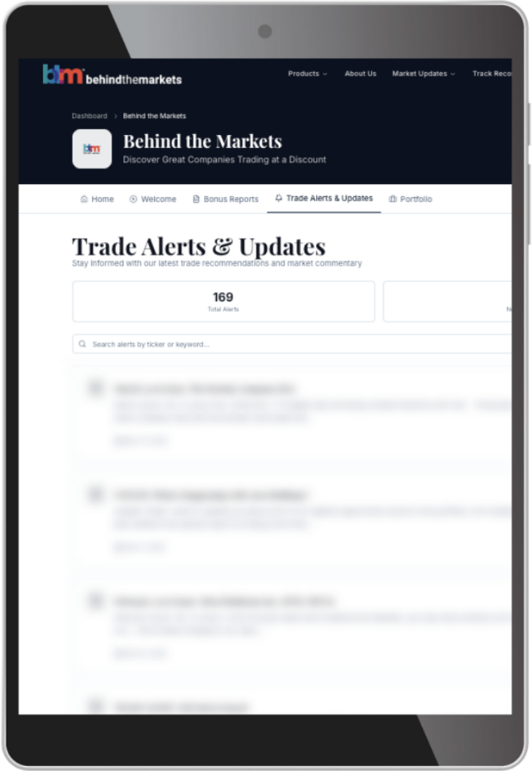 Behind the Markets trade alerts and updates dashboard preview