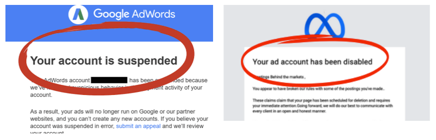 Google AdWords account suspended and Facebook ad account disabled notices