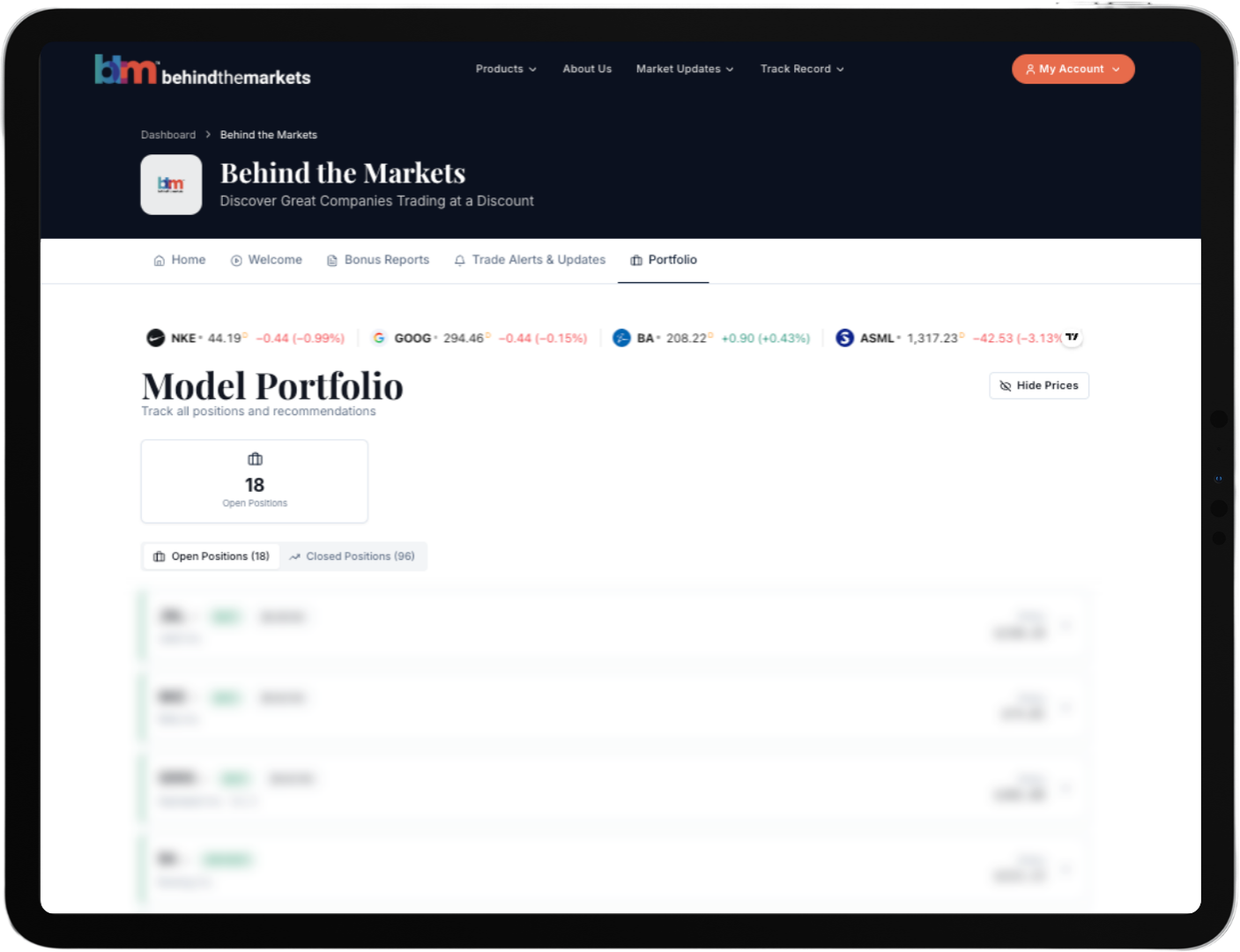 Behind the Markets model portfolio dashboard preview